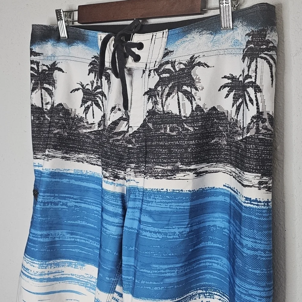 Burnside Mens Blue‎ Tropical Palm Tree Board Shorts Swim Trunks Size 34